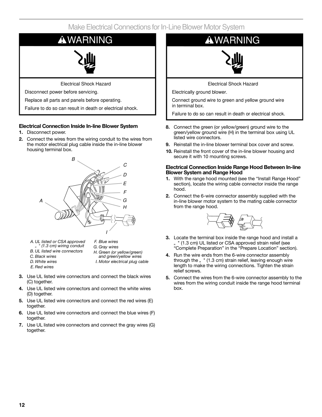 KitchenAid W10331007B installation instructions MakeElectrical Connectionsfor In-Line BlowerMotor System 