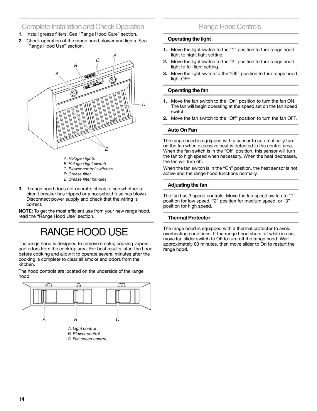 KitchenAid W10331007B installation instructions Range Hood USE, Complete InstallationandCheck Operation, RangeHood Controls 