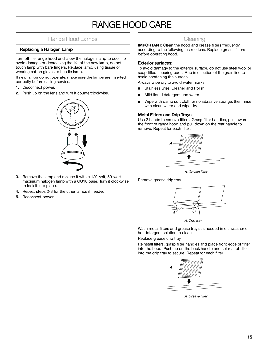 KitchenAid W10331007B installation instructions Range Hood Care, RangeHoodLamps, Cleaning 