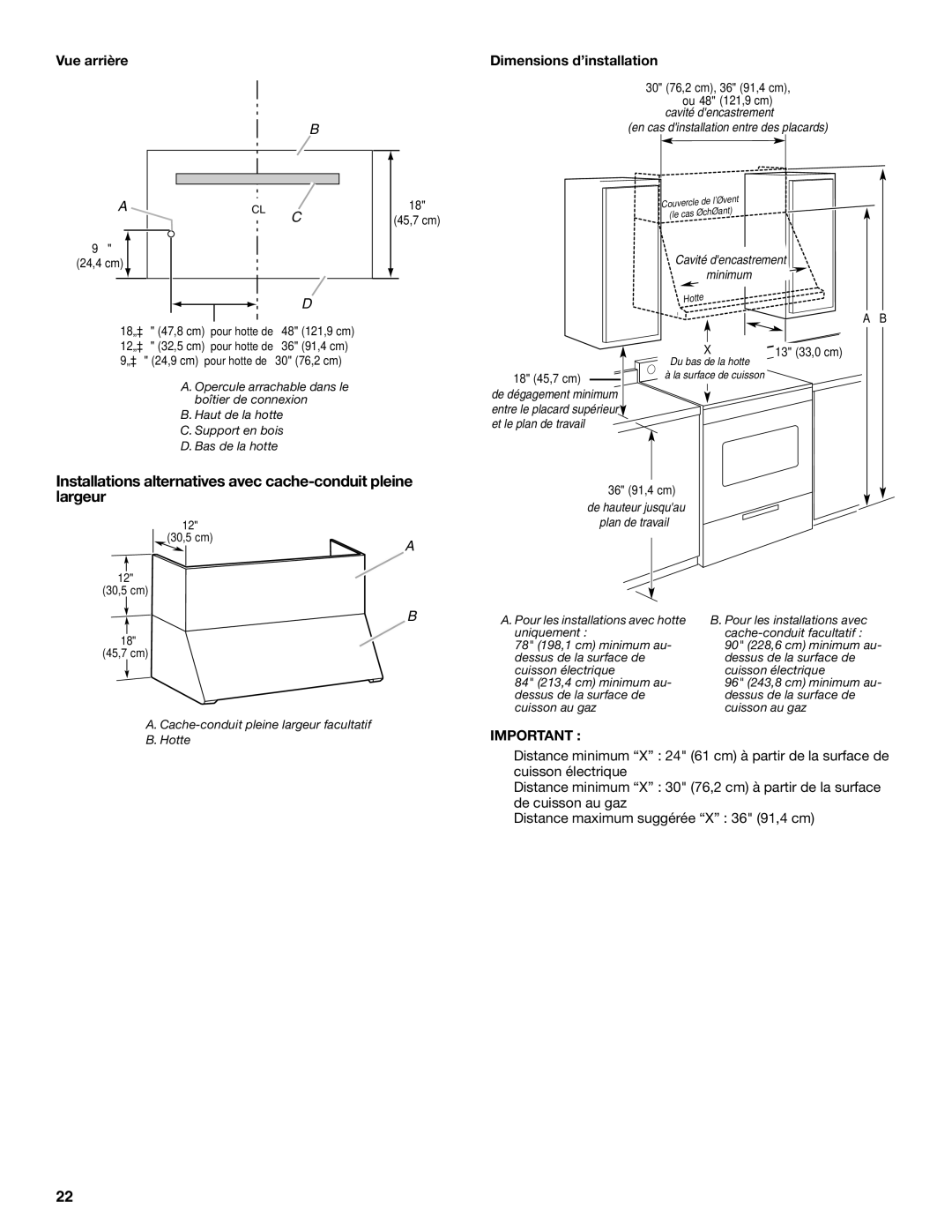 KitchenAid W10331007B installation instructions Vue arrière, Dimensions d’installation 