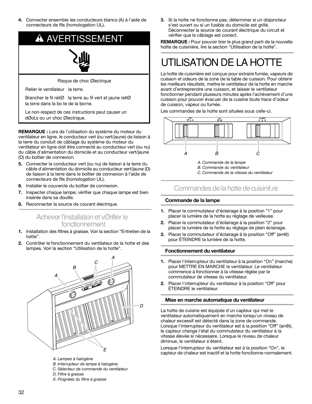 KitchenAid W10331007B installation instructions Utilisation DE LA Hotte, Achever linstallation et vérifierle Fonctionnement 