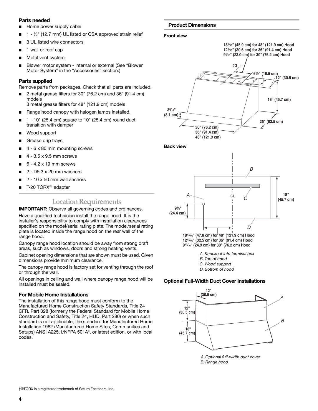 KitchenAid W10331007B installation instructions Location Requirements, Parts needed, Parts supplied, Product Dimensions 