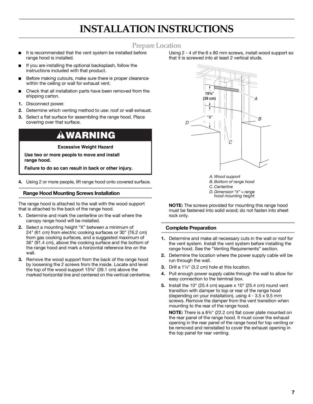 KitchenAid W10331007B Installation Instructions, PrepareLocation, Range Hood Mounting Screws Installation 