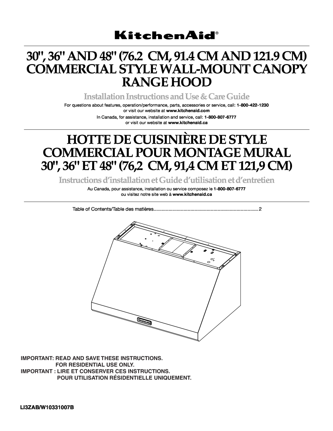 KitchenAid installation instructions Commercial Style Wall-Mount Canopy Range Hood, LI3ZAB/W10331007B 