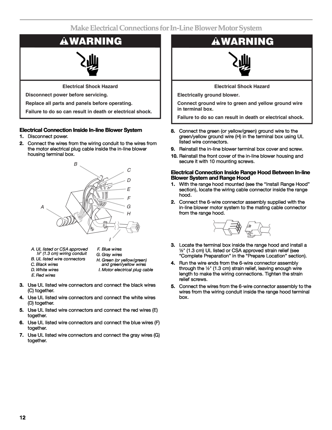 KitchenAid W10331007B installation instructions MakeElectrical Connectionsfor In-Line BlowerMotor System, C D E F G H I 