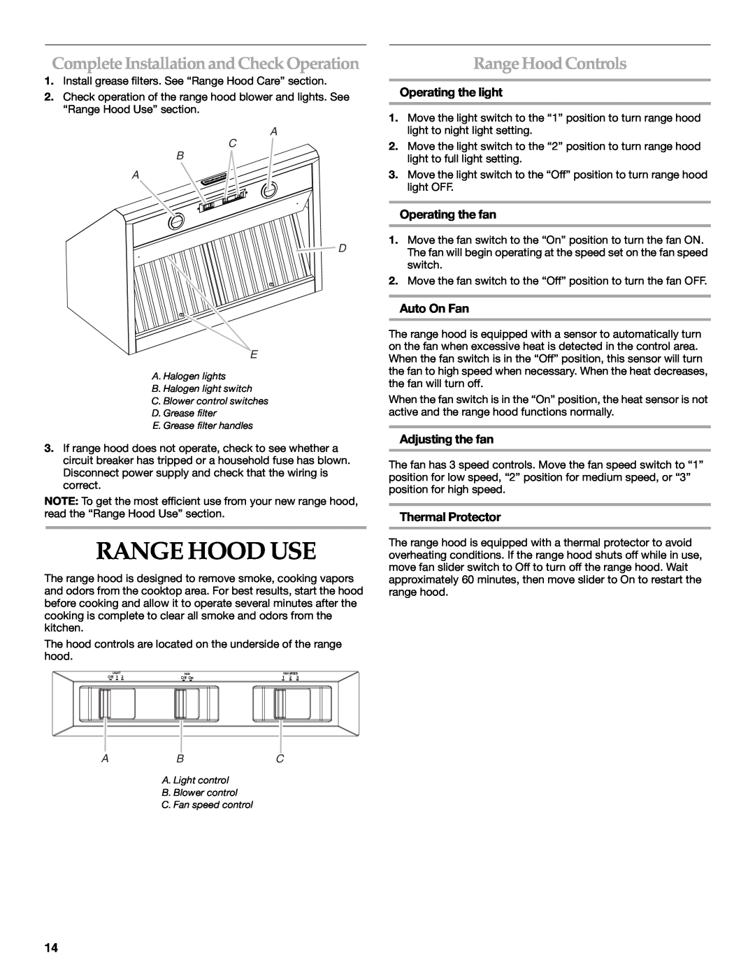 KitchenAid W10331007B Range Hood Use, Complete InstallationandCheck Operation, RangeHood Controls, Operating the light 