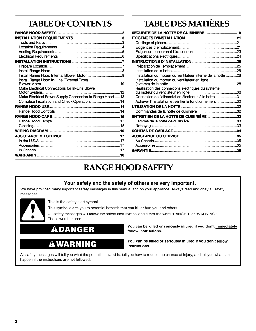 KitchenAid W10331007B Table Of Contents, Range Hood Safety, Danger, Table Des Matières, Installation Requirements 