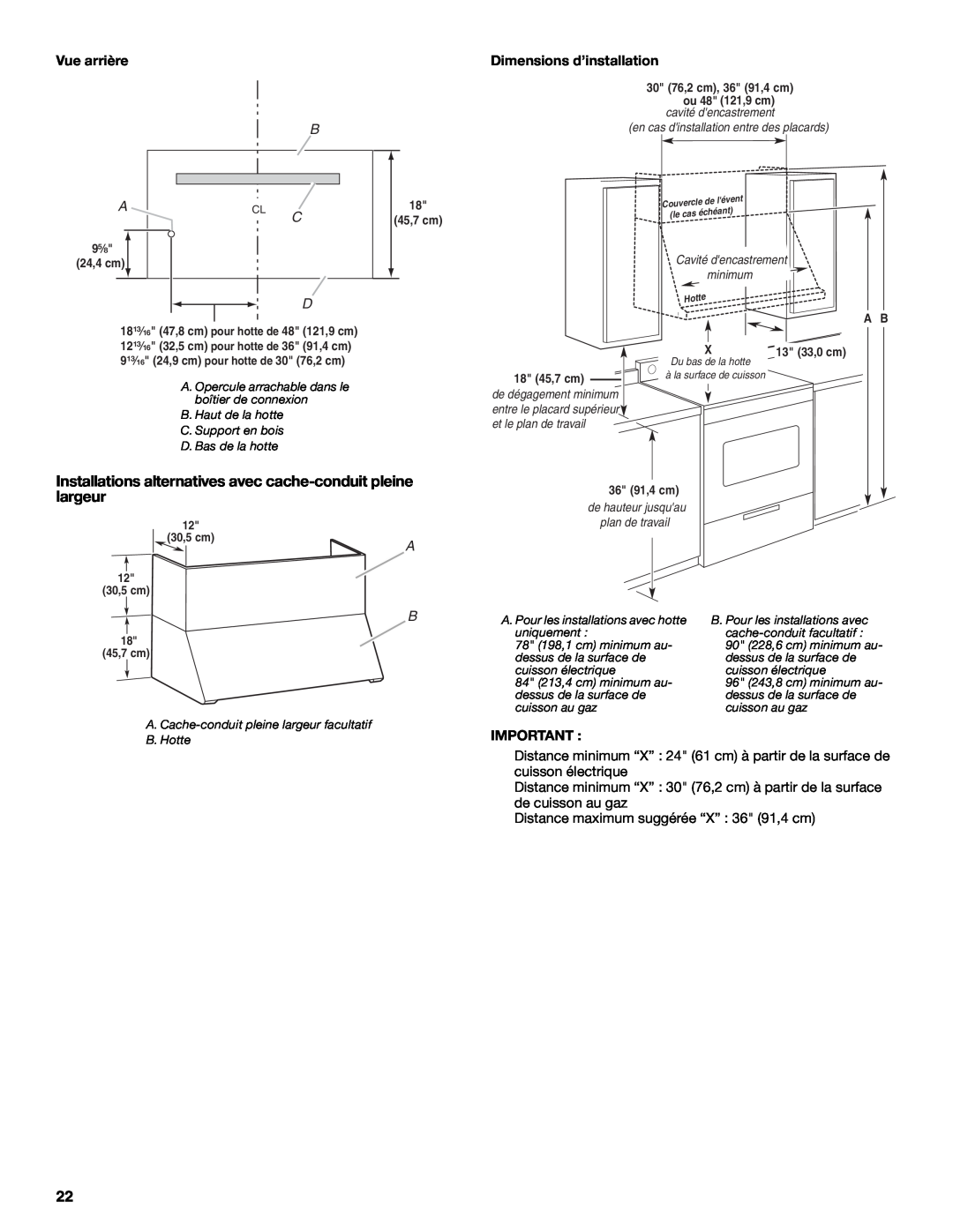 KitchenAid W10331007B Installations alternatives avec cache-conduit pleine largeur, Vue arrière, Dimensions d’installation 