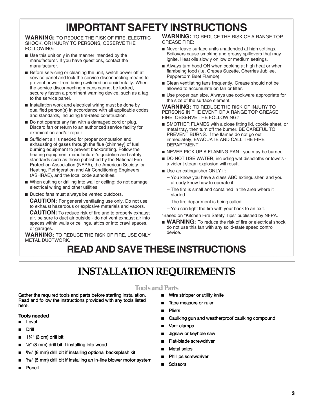 KitchenAid W10331007B Important Safety Instructions, Installation Requirements, Read And Save These Instructions 