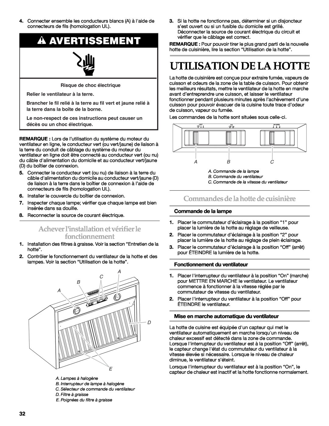 KitchenAid W10331007B Utilisation De La Hotte, Achever linstallation et vérifierle fonctionnement, Commande de la lampe 