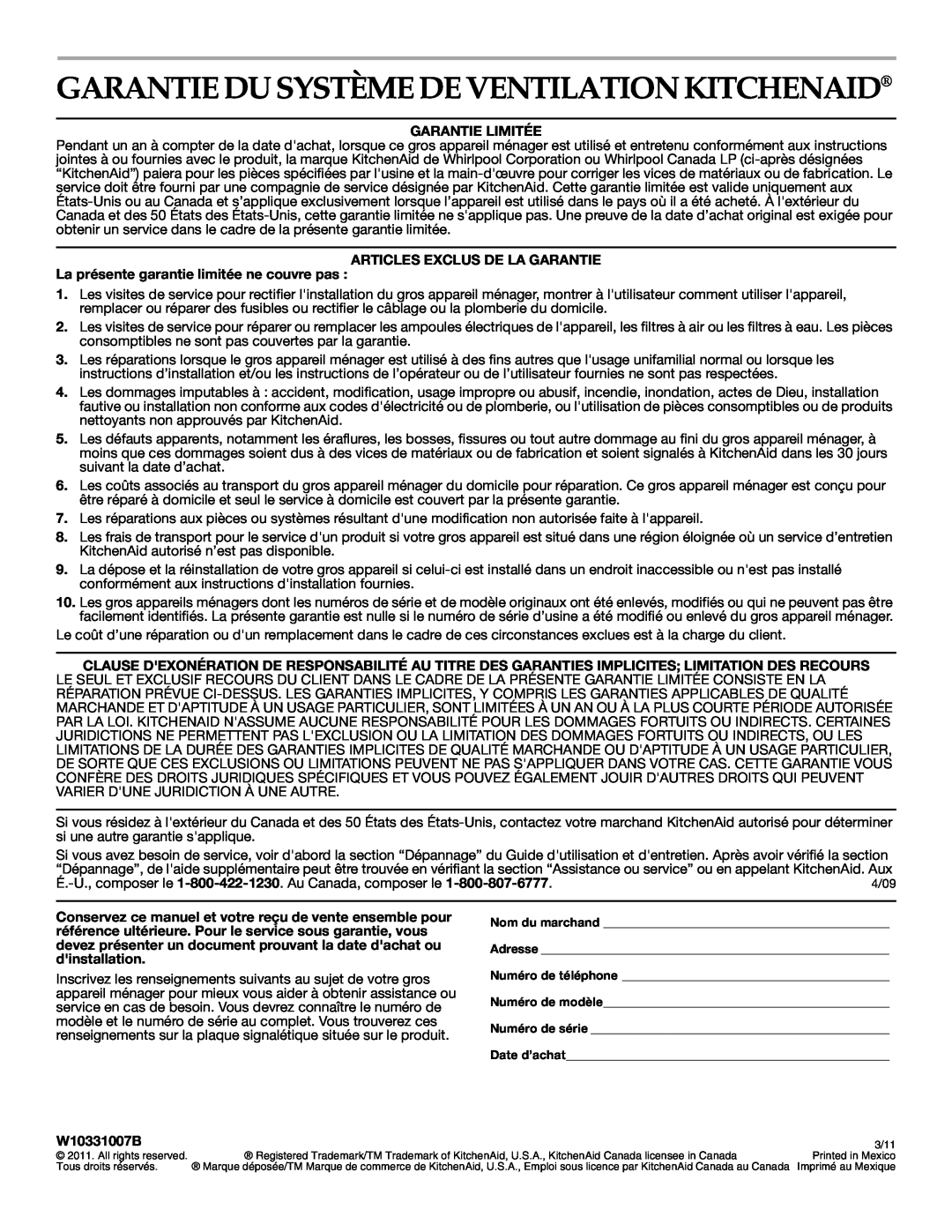 KitchenAid W10331007B Garantie Du Système De Ventilation Kitchenaid, Garantie Limitée, Articles Exclus De La Garantie 