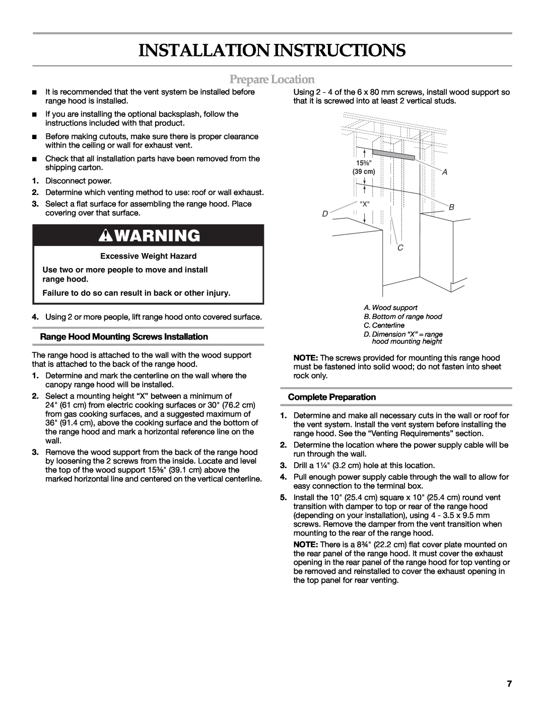 KitchenAid W10331007B Installation Instructions, PrepareLocation, Range Hood Mounting Screws Installation 