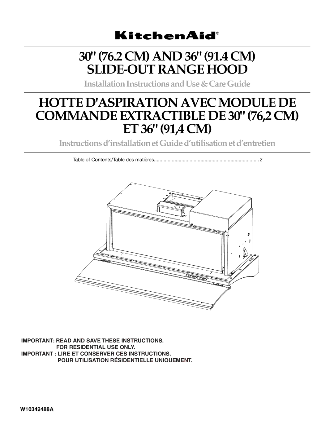 KitchenAid W10342488A installation instructions SLIDE-OUT Range Hood, Table of Contents/Table des matières 