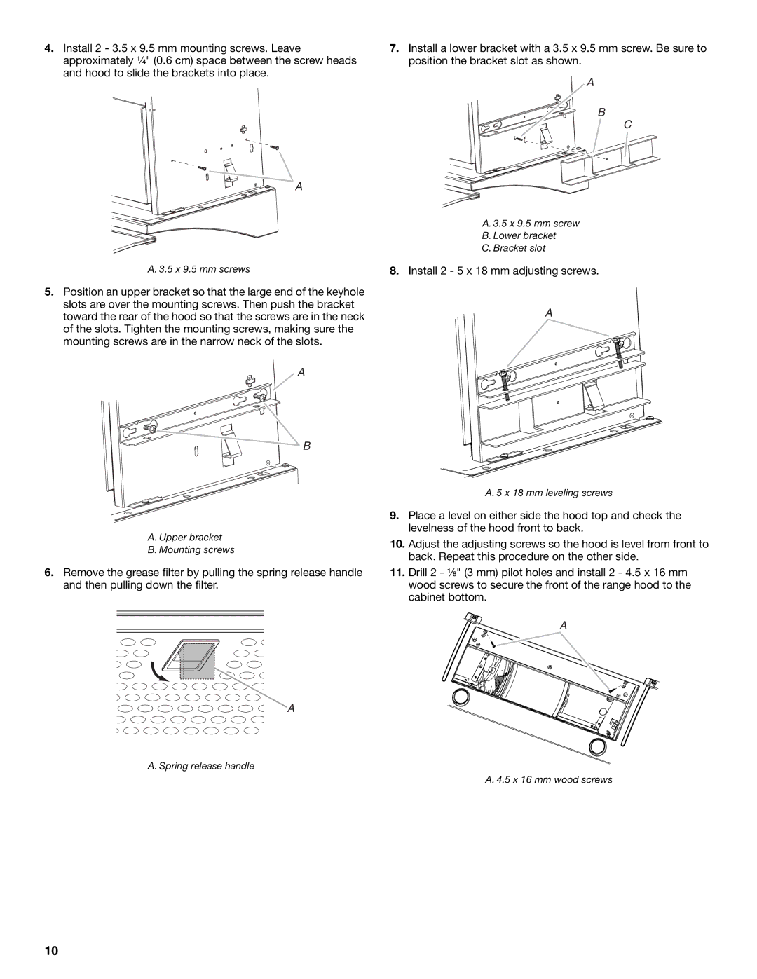 KitchenAid W10342488A installation instructions Install 2 5 x 18 mm adjusting screws, 5 x 9.5 mm screws 