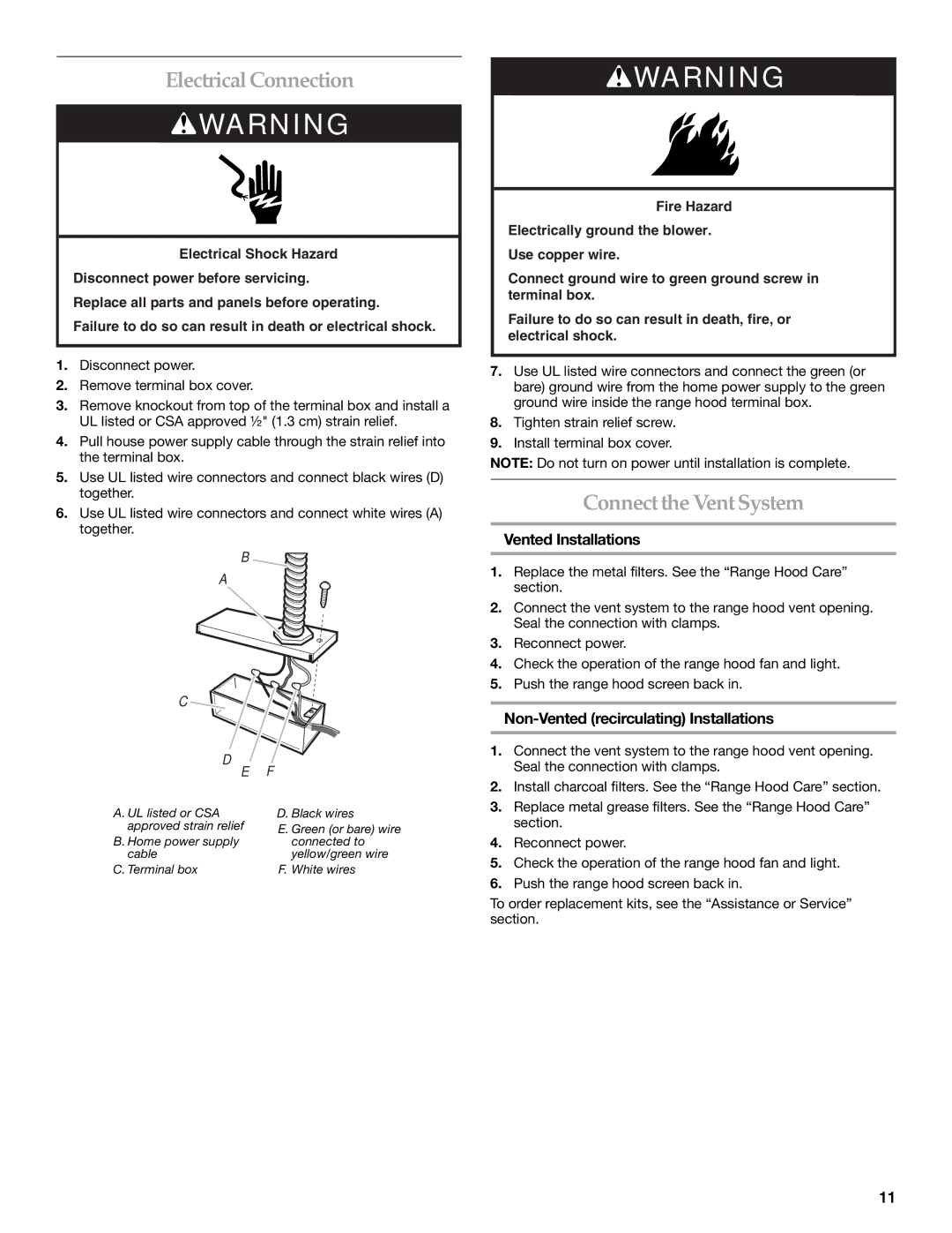 KitchenAid W10342488A installation instructions Electrical Connection, ConnecttheVentSystem, Vented Installations 