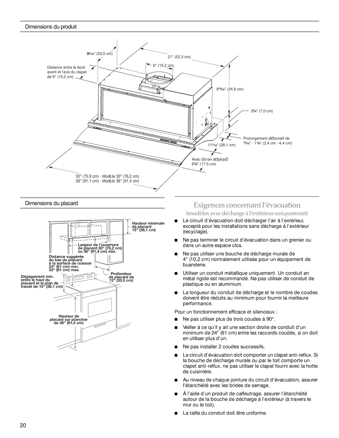 KitchenAid W10342488A Exigencesconcernant l’évacuation, Dimensions du produit, Dimensions du placard 