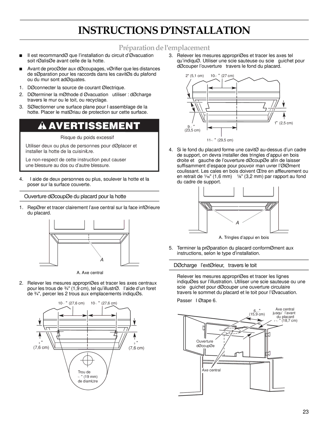 KitchenAid W10342488A Instructions D’INSTALLATION, Préparationdelemplacement, Ouverture découpée du placard pour la hotte 