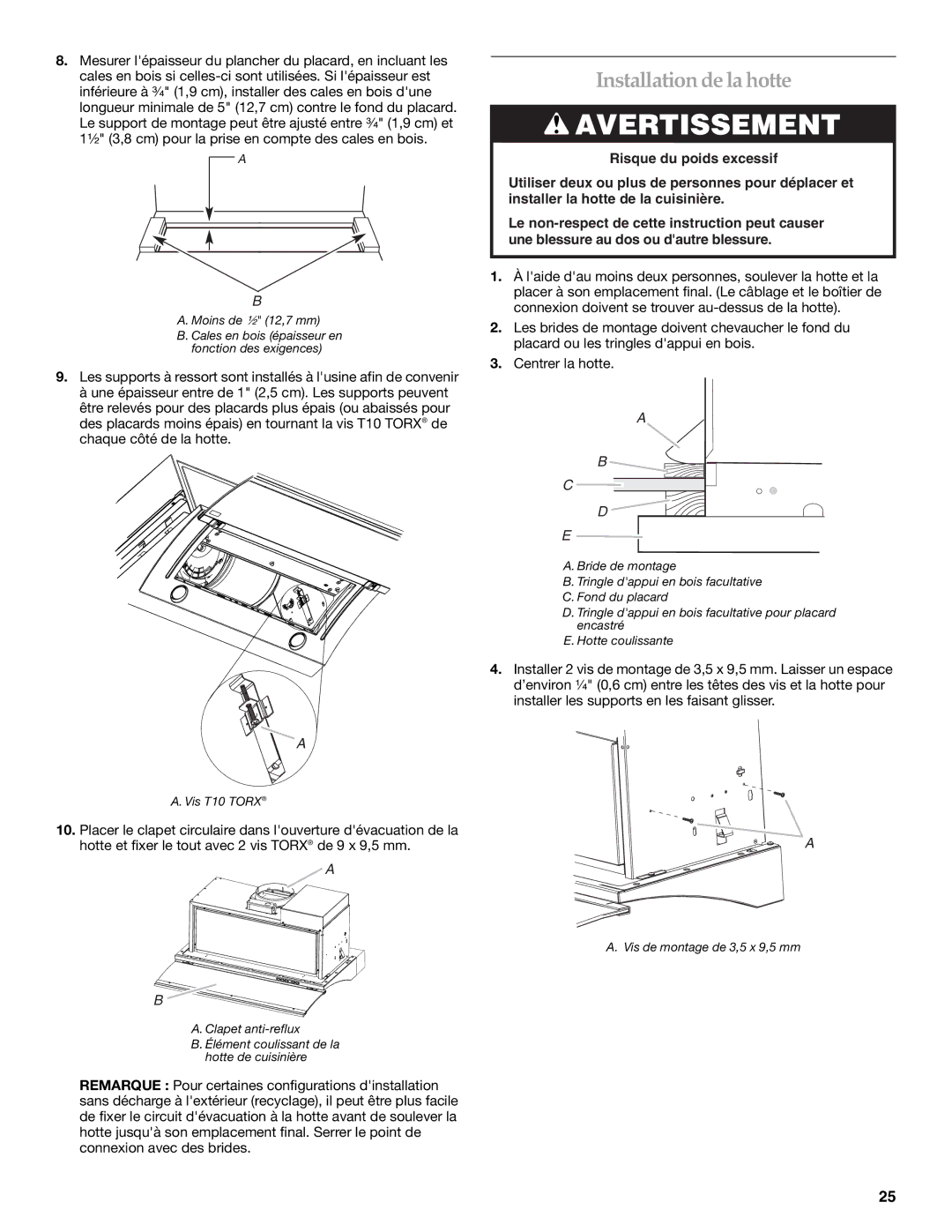 KitchenAid W10342488A installation instructions Installationde lahotte, Vis de montage de 3,5 x 9,5 mm 