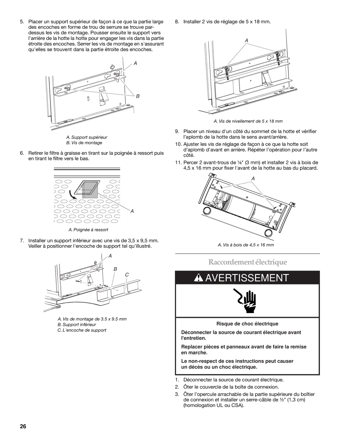 KitchenAid W10342488A installation instructions Raccordementélectrique, Installer 2 vis de réglage de 5 x 18 mm 