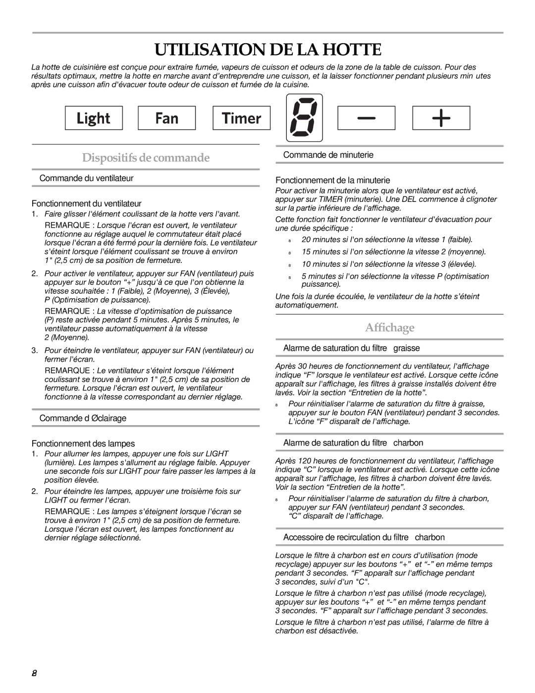 KitchenAid W10342488A installation instructions Utilisation DE LA Hotte, Dispositifs decommande, Affichage 