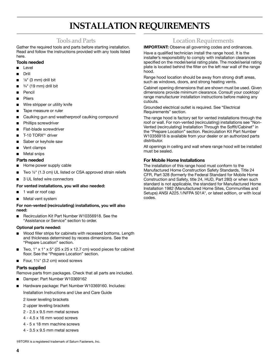 KitchenAid W10342488A installation instructions Installation Requirements, ToolsandParts, Location Requirements 