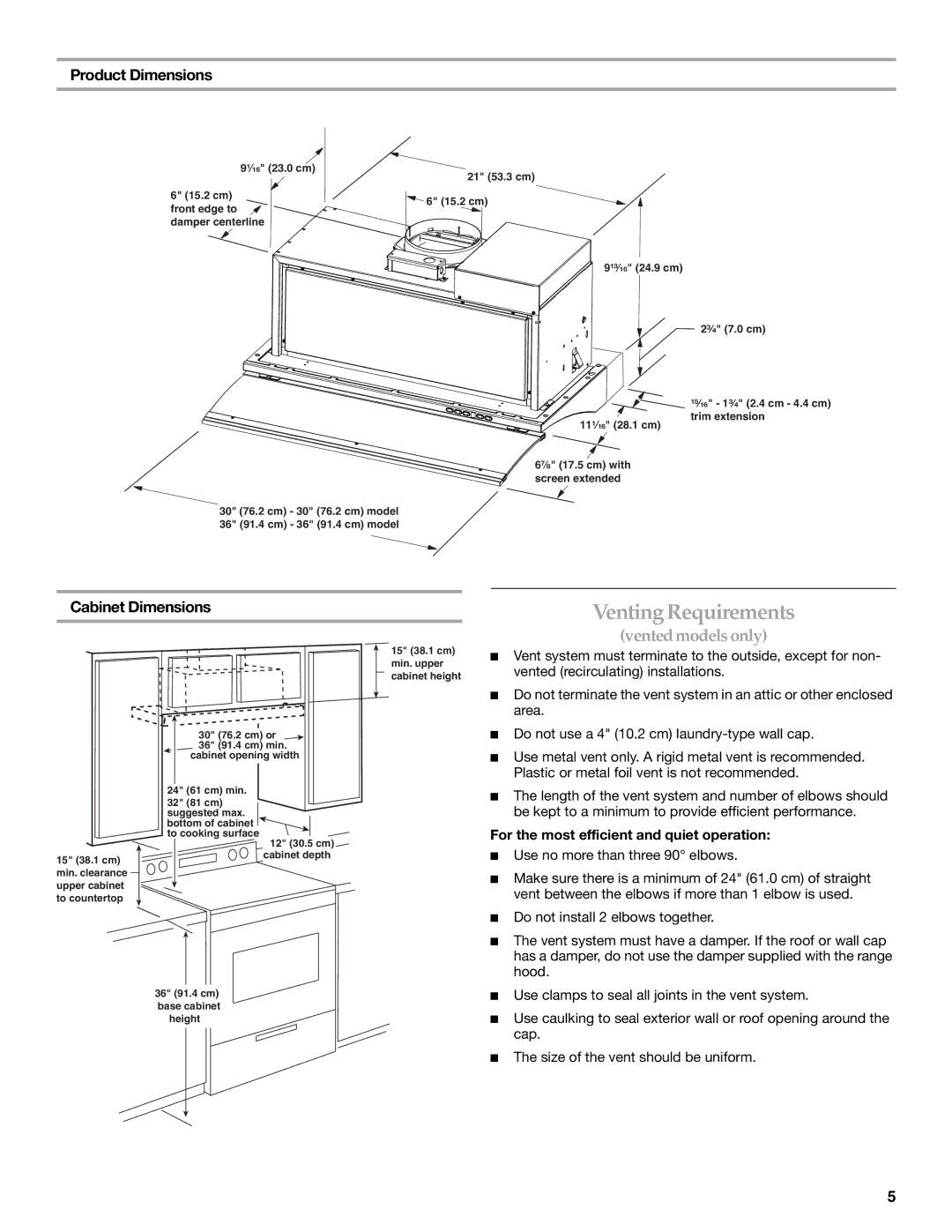 KitchenAid W10342488A installation instructions VentingRequirements, Product Dimensions, Cabinet Dimensions 