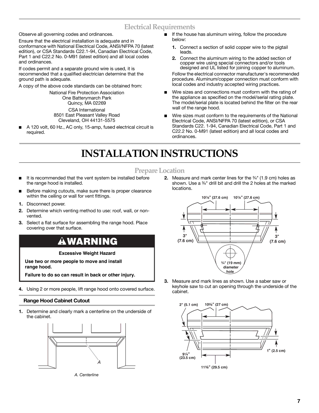 KitchenAid W10342488A Installation Instructions, ElectricalRequirements, PrepareLocation, Range Hood Cabinet Cutout 