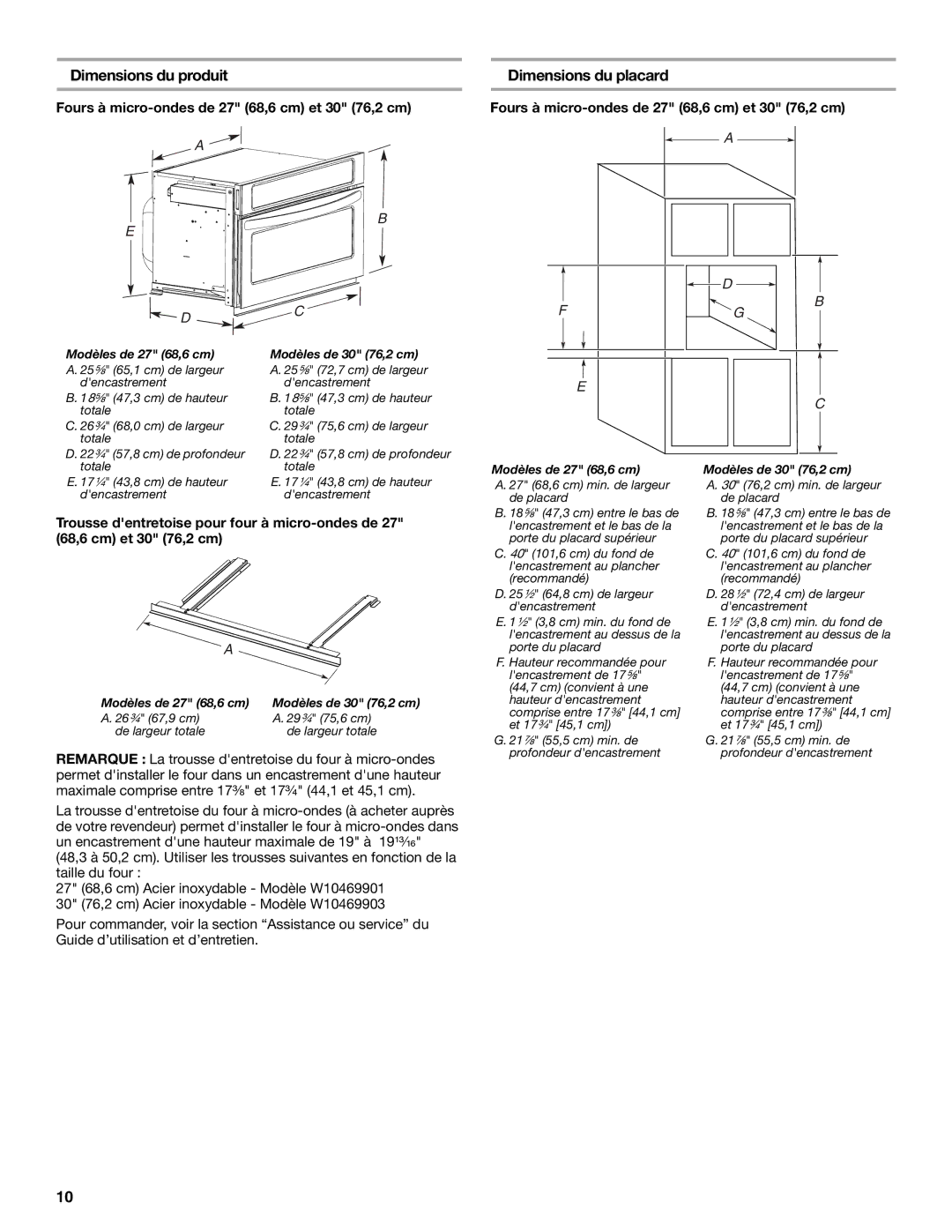 KitchenAid W10351317A installation instructions Dimensions du produit, Dimensions du placard 