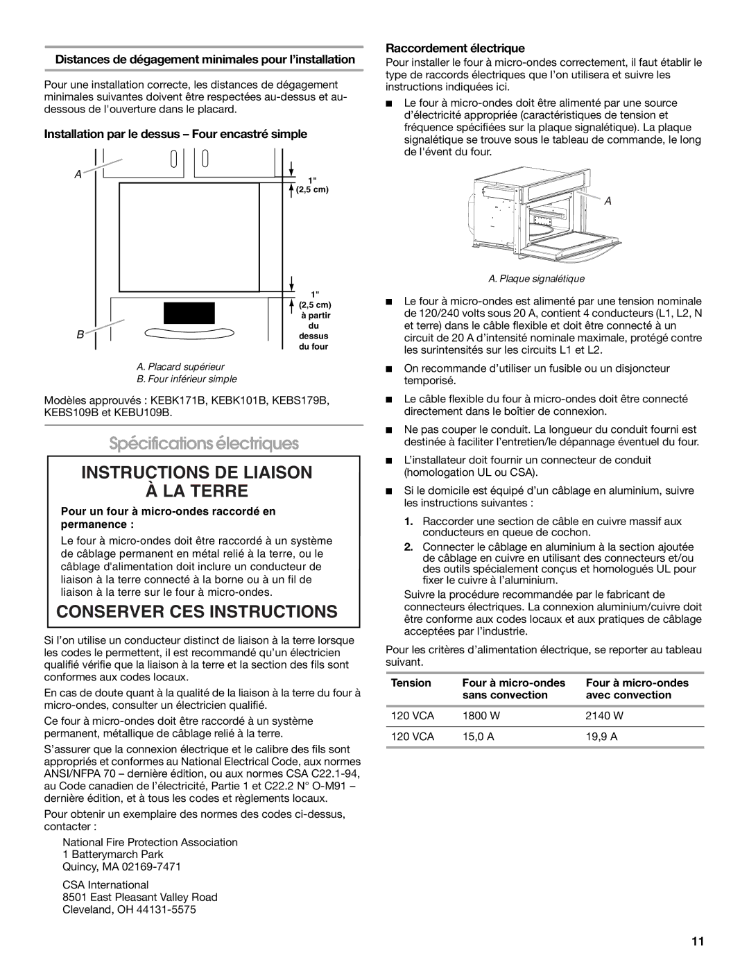 KitchenAid W10351317A Spécifications électriques, Distances de dégagement minimales pour l’installation 