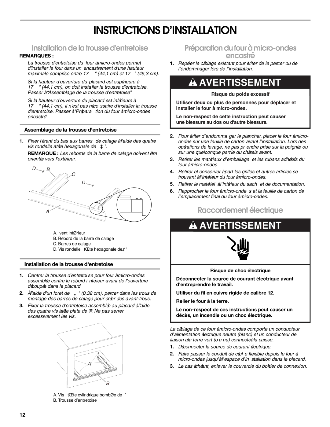 KitchenAid W10351317A Instructions D’INSTALLATION, Installation de la trousse dentretoise, Raccordement électrique 