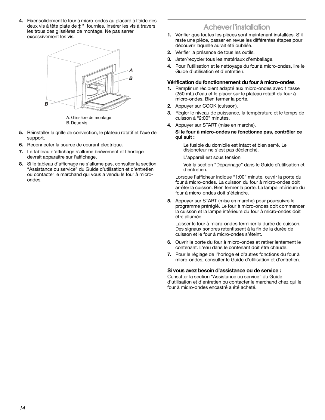 KitchenAid W10351317A Achever l’installation, Vérification du fonctionnement du four à micro-ondes 