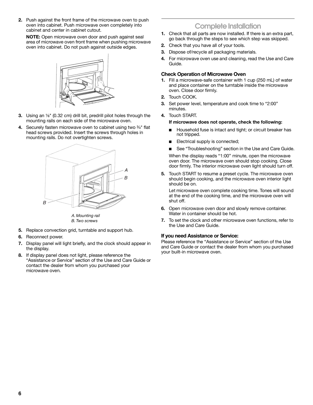 KitchenAid W10351317A Complete Installation, Check Operation of Microwave Oven, If you need Assistance or Service 