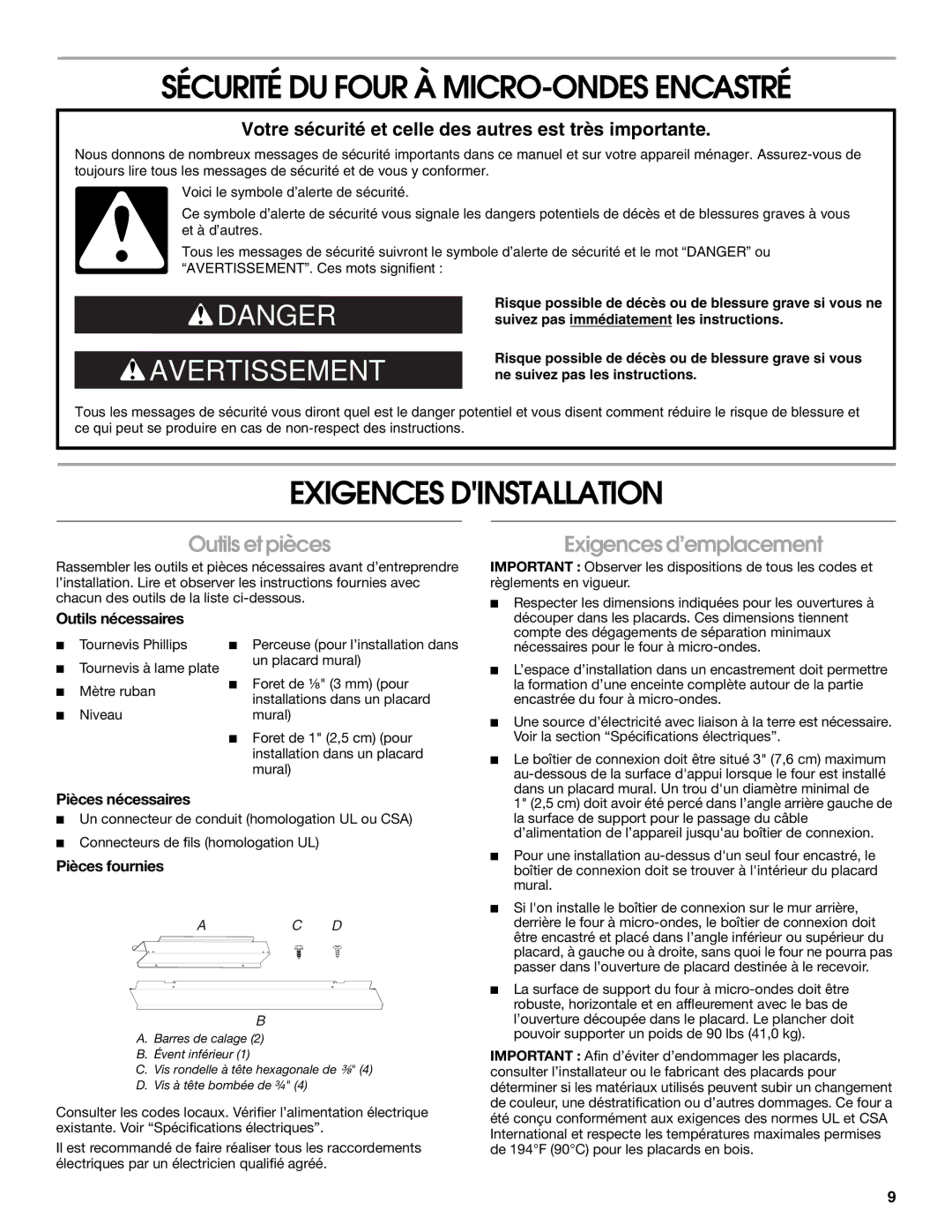 KitchenAid W10351317A Sécurité DU Four À MICRO-ONDES Encastré, Exigences Dinstallation, Outils et pièces 