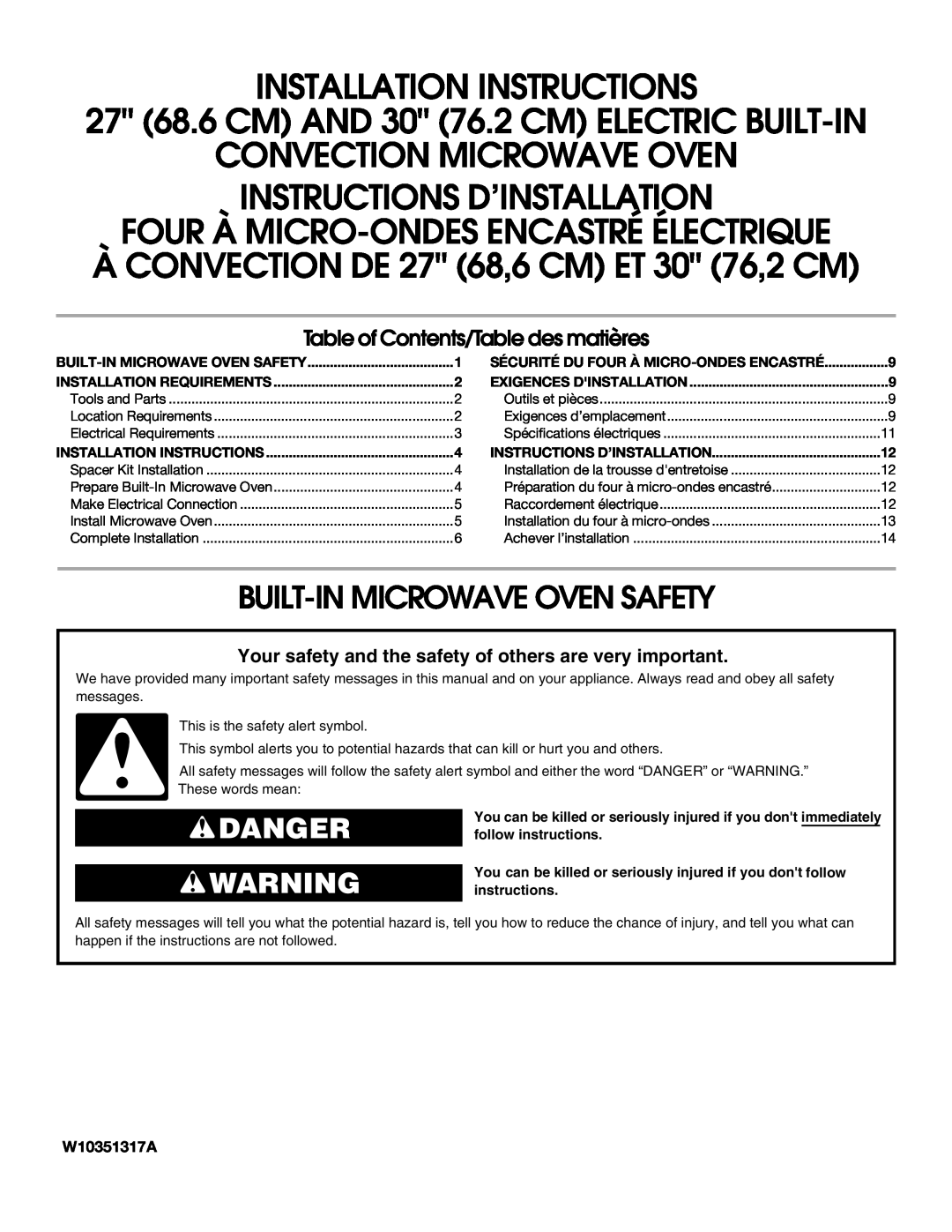 KitchenAid W10351317A installation instructions Built-In Microwave Oven Safety, Danger, Installation Requirements 