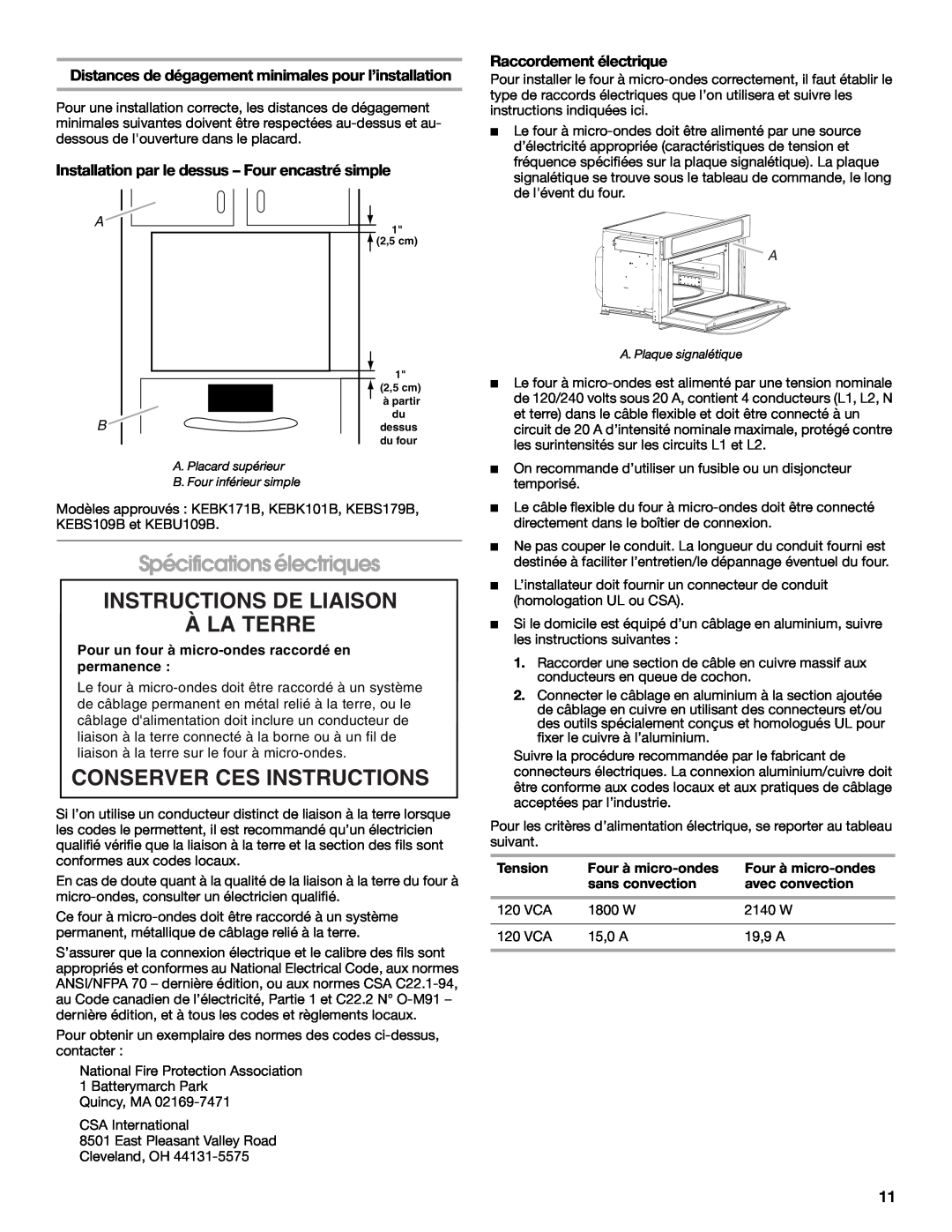 KitchenAid W10351317A Spécifications électriques, Instructions De Liaison À La Terre, Conserver Ces Instructions, Tension 