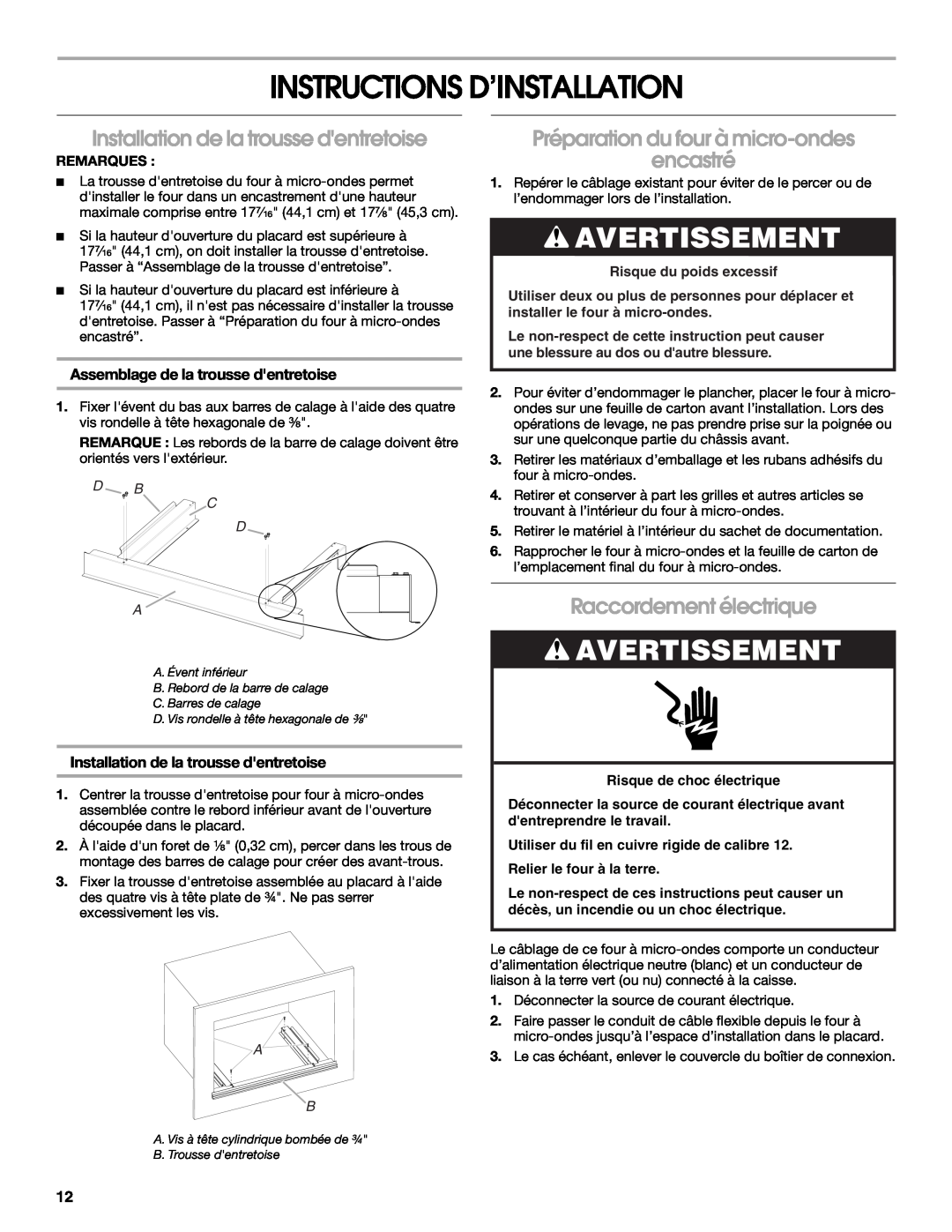 KitchenAid W10351317A Instructions D’Installation, Avertissement, Installation de la trousse dentretoise, Remarques 