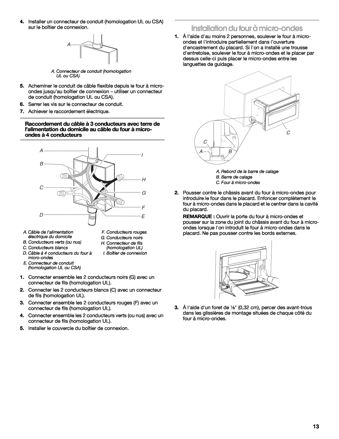 KitchenAid W10351317A installation instructions Installation du four à micro-ondes, A B, I H G F E 