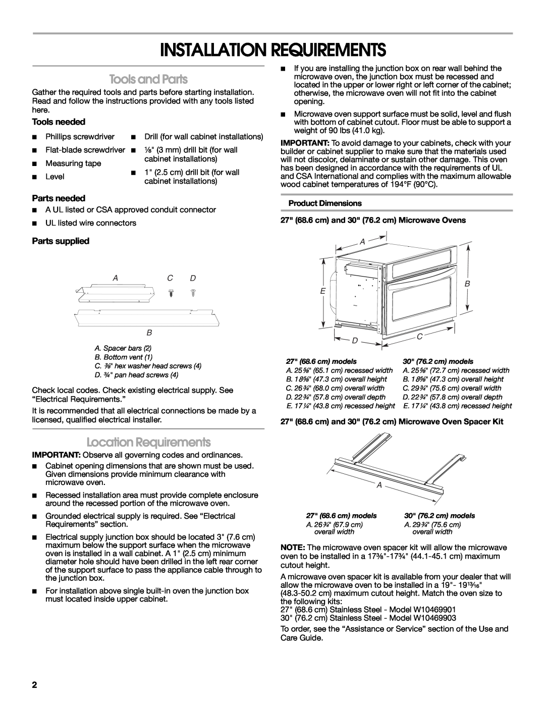 KitchenAid W10351317A Installation Requirements, Tools and Parts, Location Requirements, Tools needed, Parts needed, A B E 