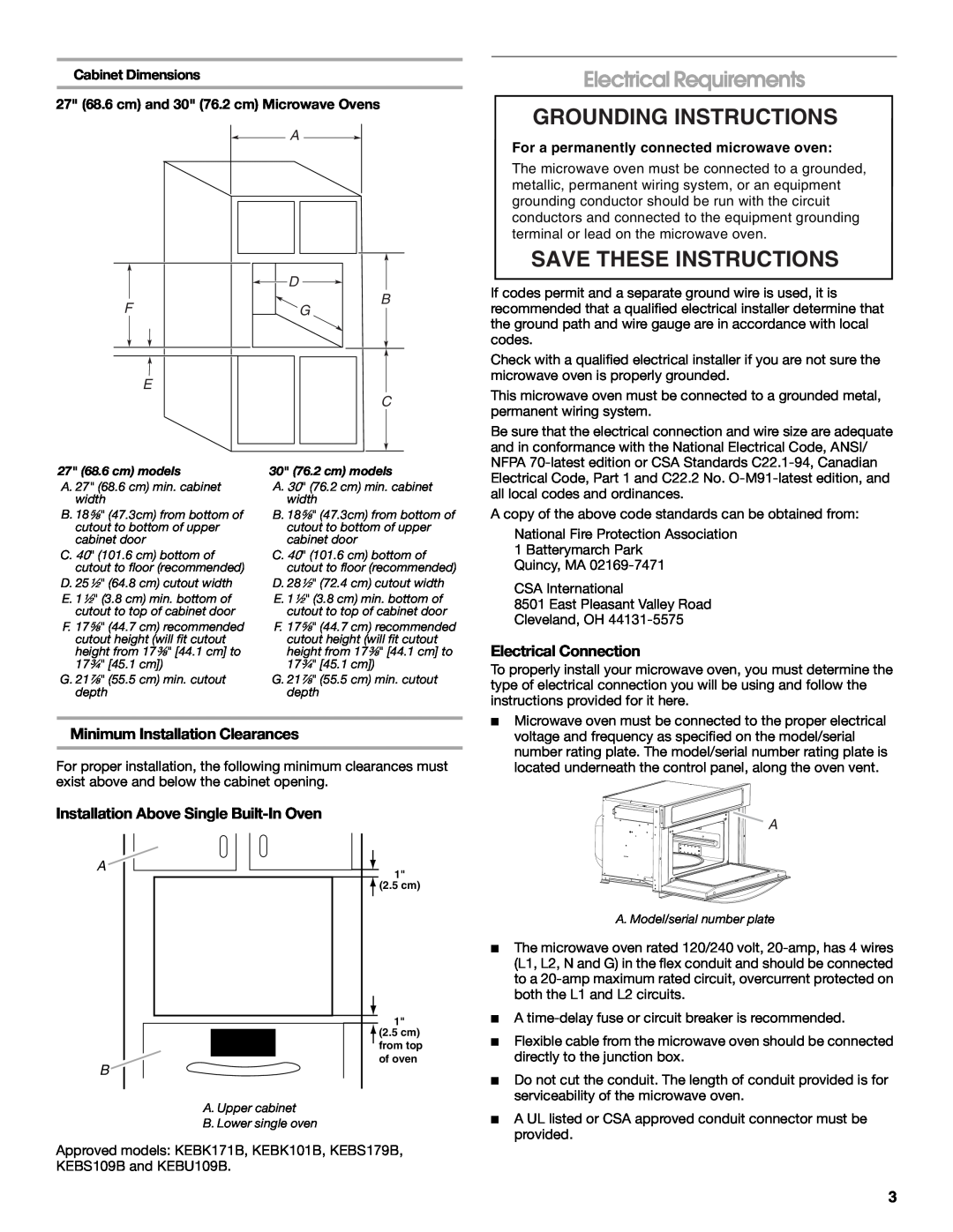 KitchenAid W10351317A Electrical Requirements, Grounding Instructions, Save These Instructions, Electrical Connection 