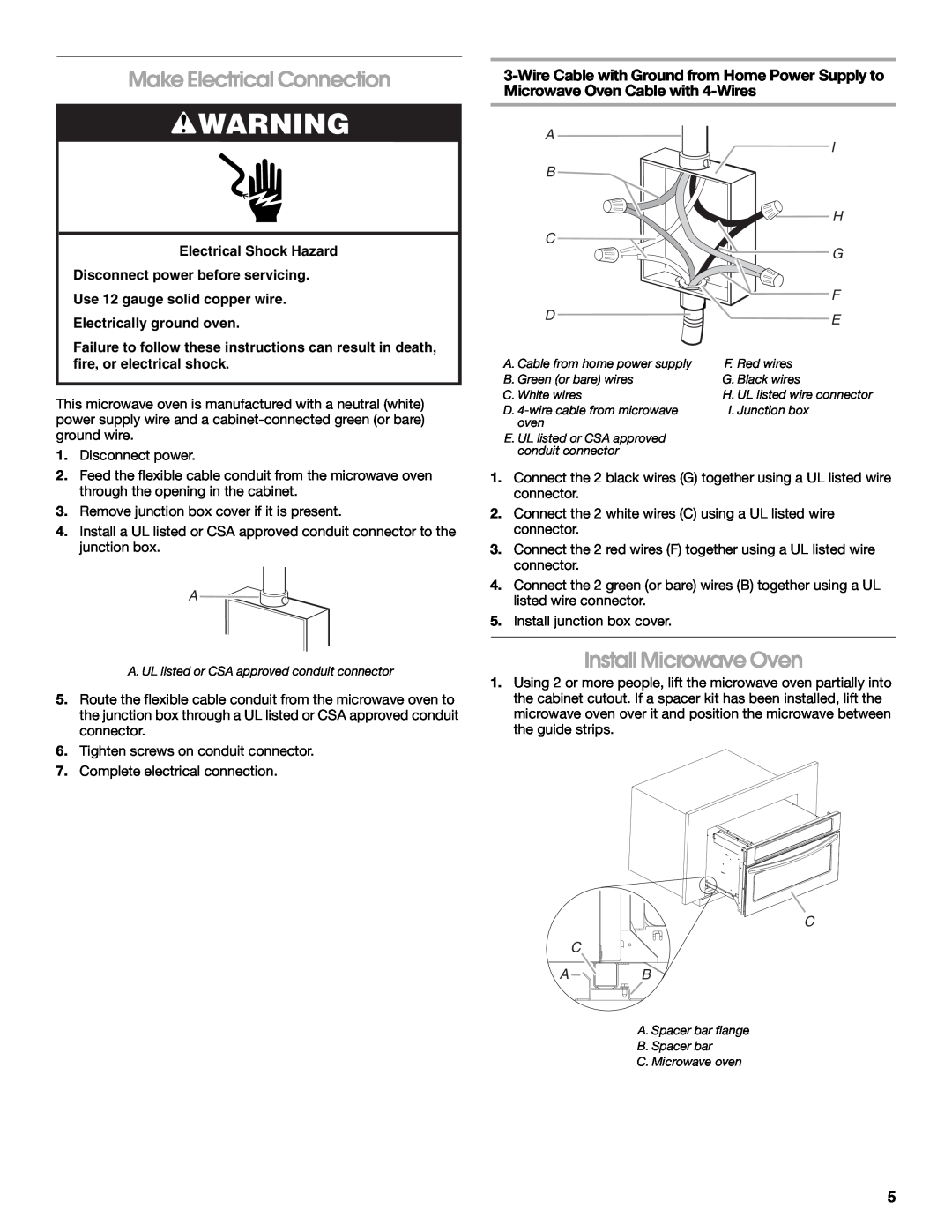 KitchenAid W10351317A installation instructions Make Electrical Connection, Install Microwave Oven, I H G F E, C C A B 