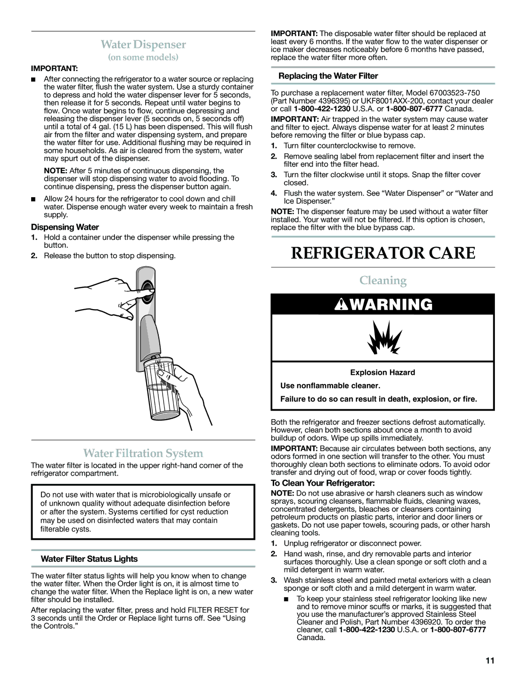 KitchenAid W10366208A installation instructions Refrigerator Care, Water Dispenser, Water Filtration System, Cleaning 