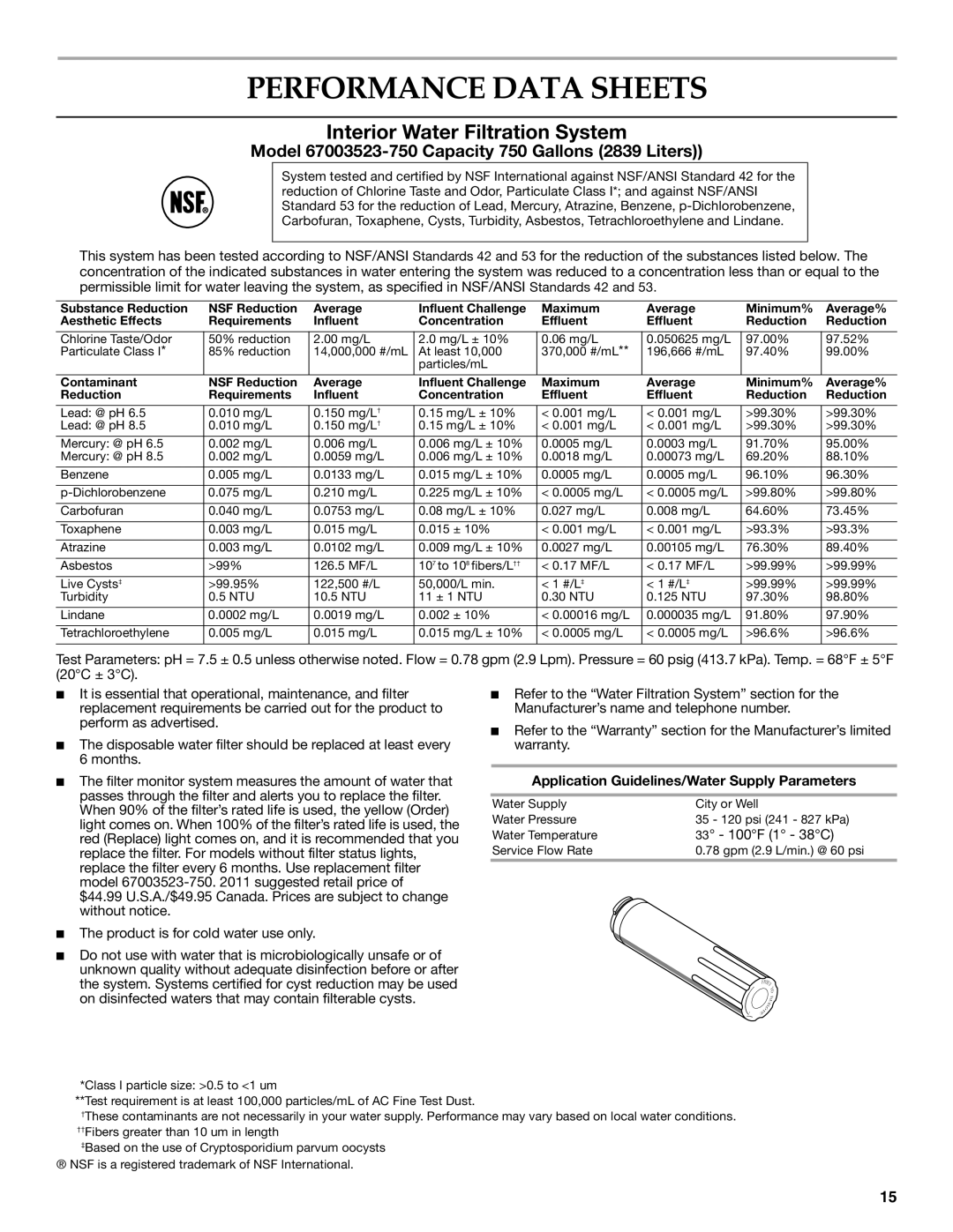 KitchenAid W10366208A installation instructions Performance Data Sheets, Interior Water Filtration System 