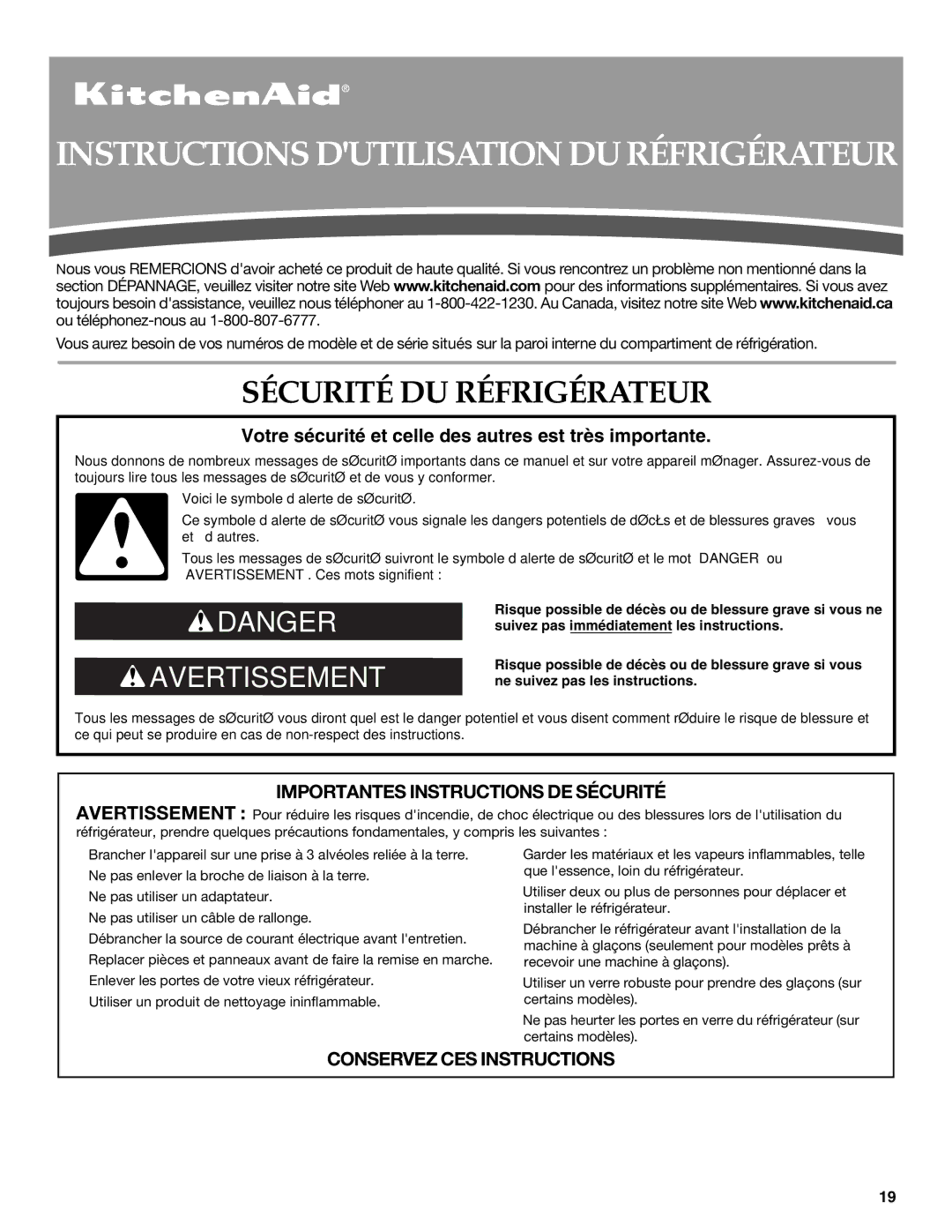 KitchenAid W10366208A installation instructions Instructions Dutilisation DU Réfrigérateur, Sécurité DU Réfrigérateur 