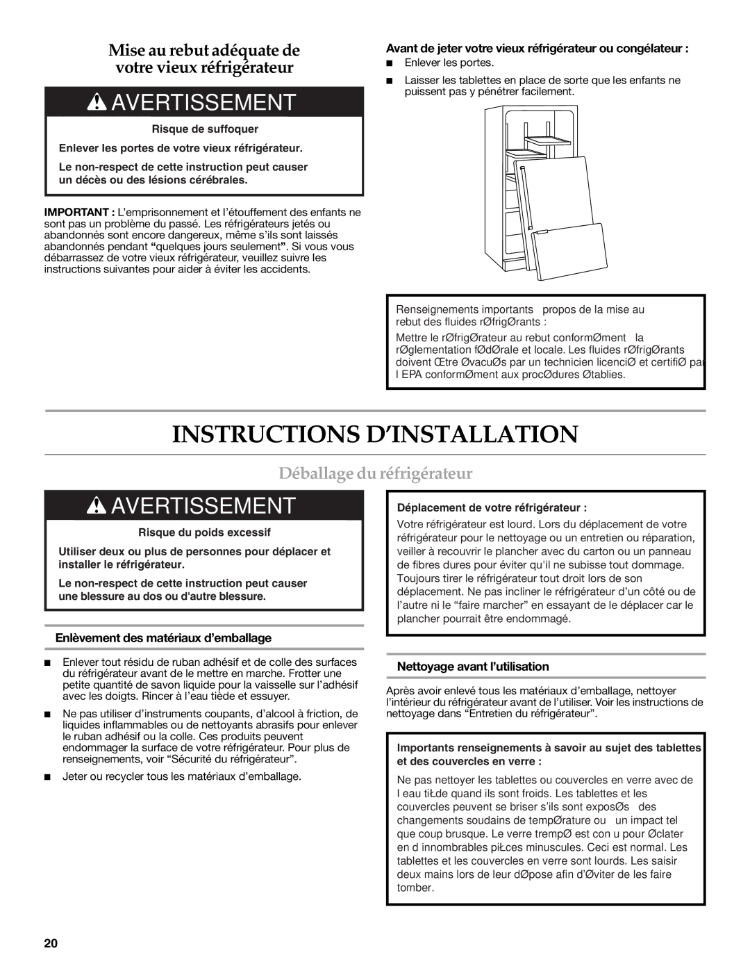 KitchenAid W10366208A Instructions D’INSTALLATION, Déballage du réfrigérateur, Enlèvement des matériaux d’emballage 