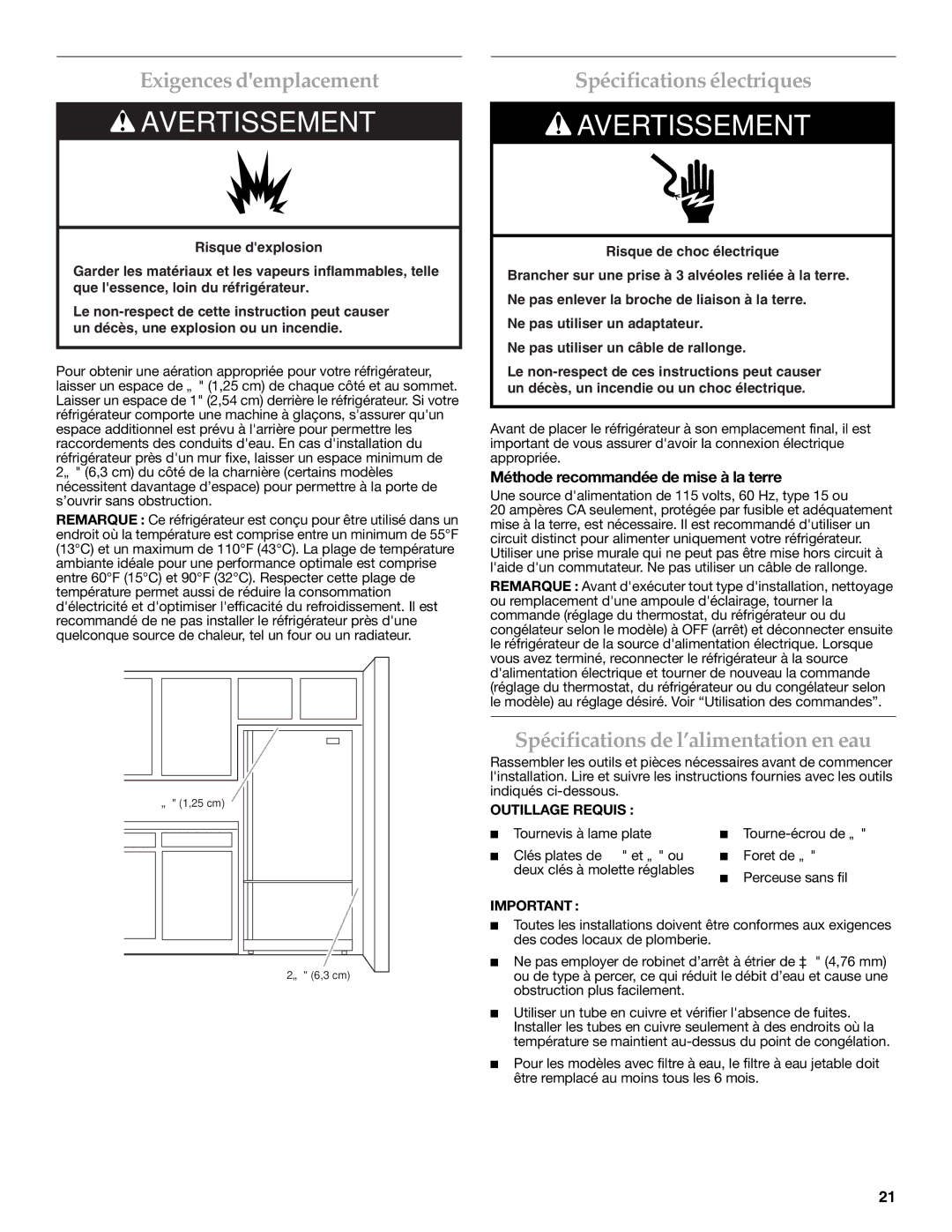 KitchenAid W10366208A Exigences demplacement, Spécifications électriques, Spécifications de l’alimentation en eau 