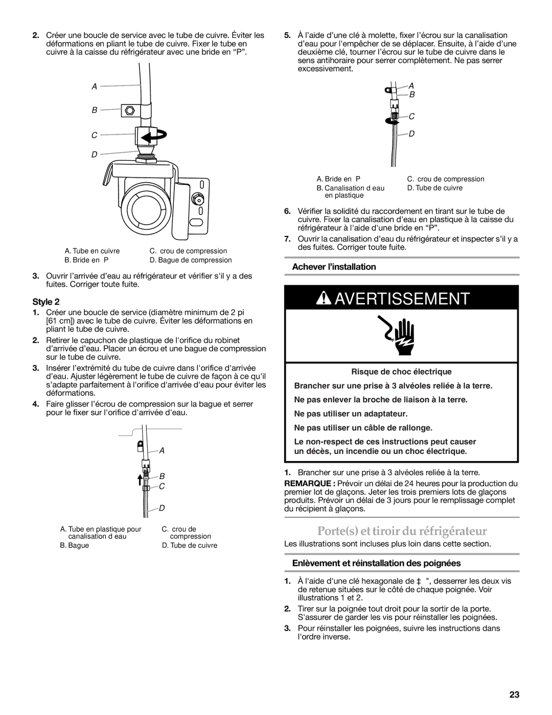 KitchenAid W10366208A Portes et tiroir du réfrigérateur, Achever l’installation, Enlèvement et réinstallation des poignées 