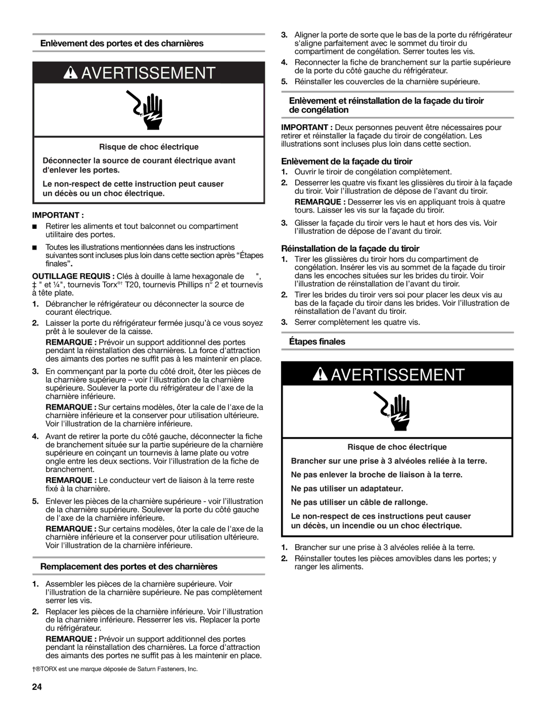 KitchenAid W10366208A Enlèvement des portes et des charnières, Remplacement des portes et des charnières, Étapes finales 