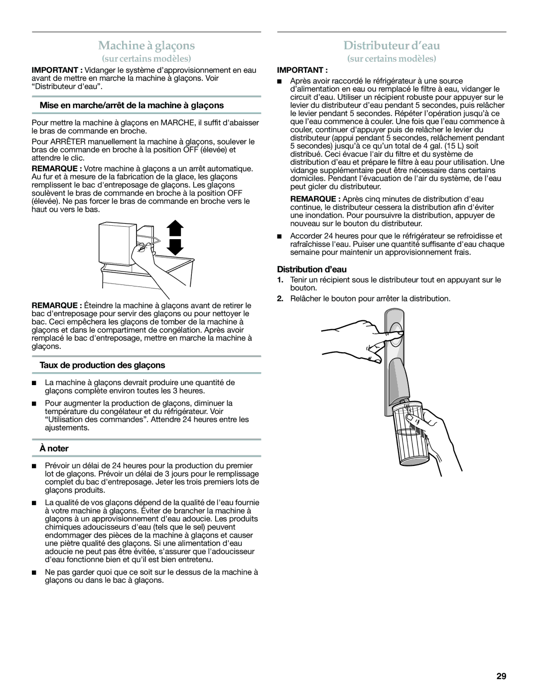 KitchenAid W10366208A Machine à glaçons, Distributeur d’eau, Mise en marche/arrêt de la machine à glaçons 