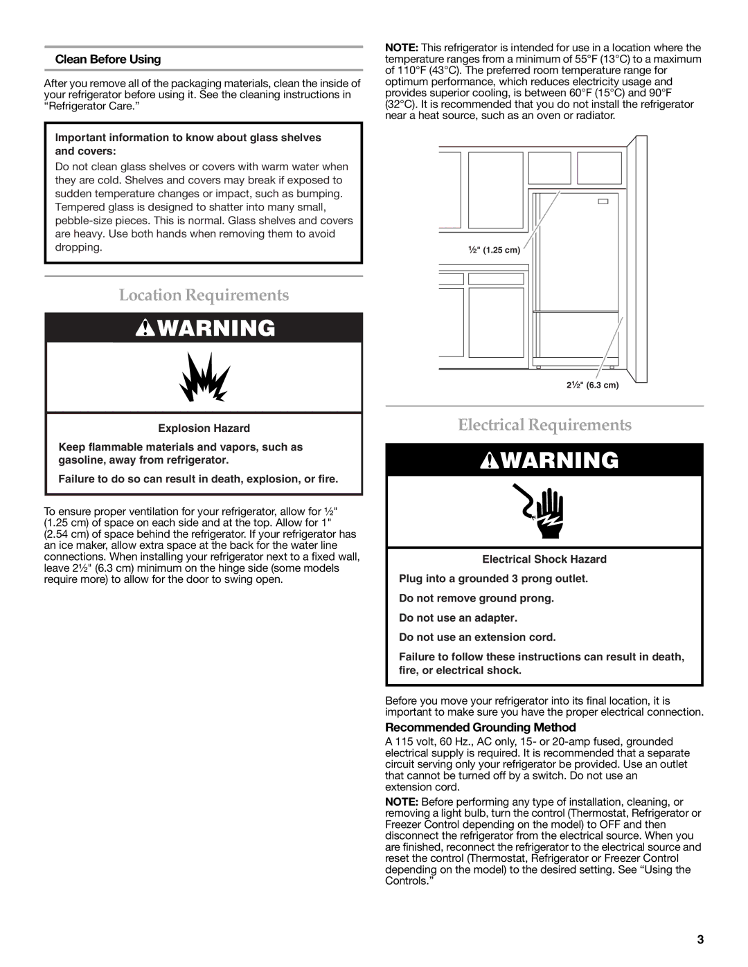 KitchenAid W10366208A Location Requirements, Electrical Requirements, Clean Before Using, Recommended Grounding Method 