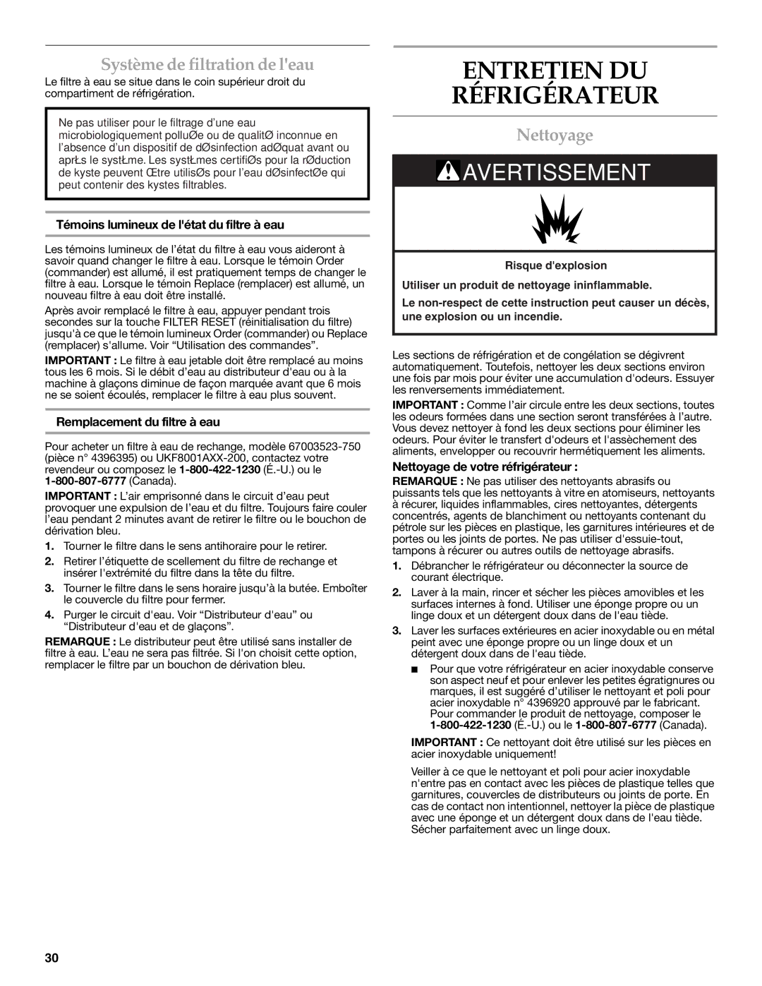 KitchenAid W10366208A installation instructions Entretien DU Réfrigérateur, Système de filtration de leau, Nettoyage 